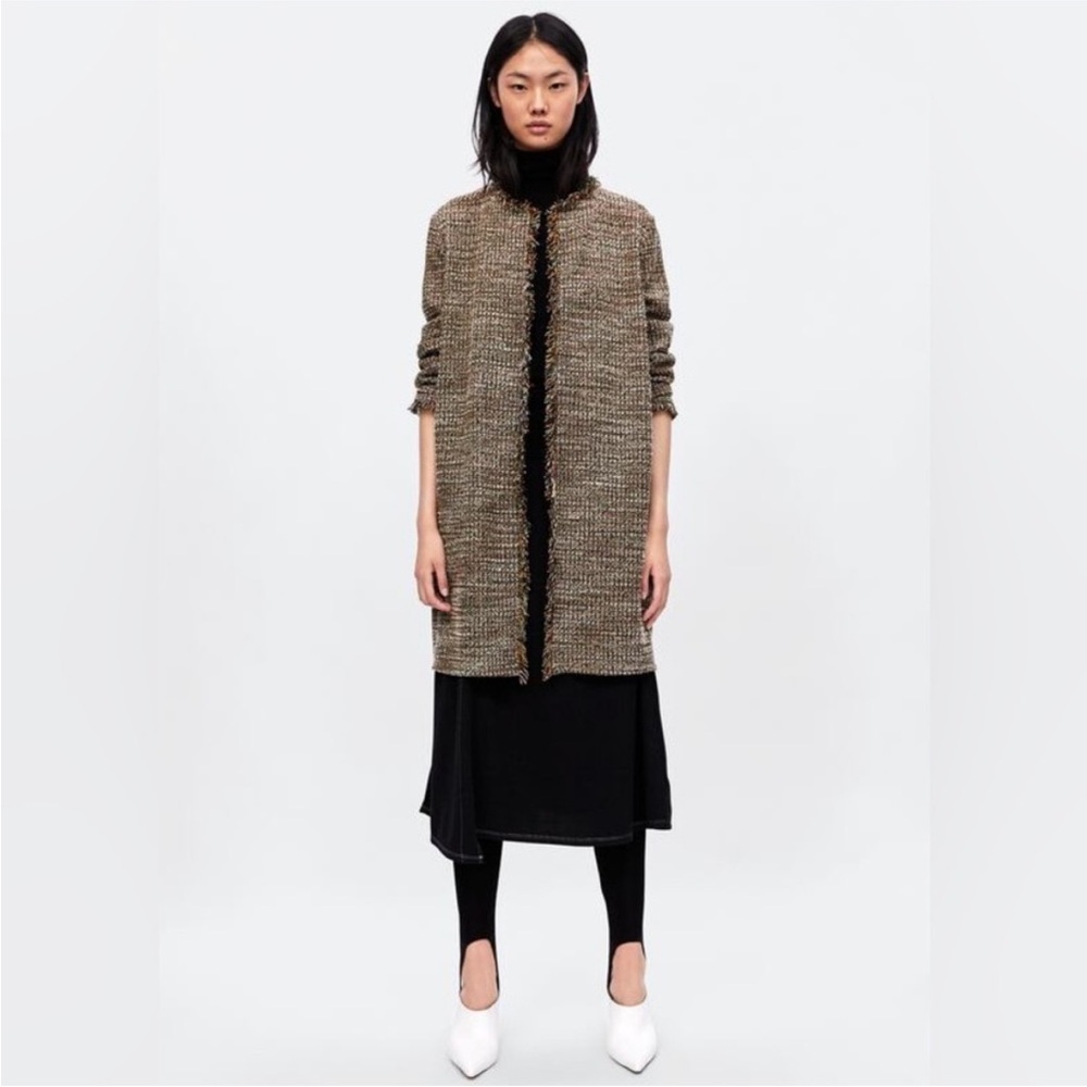 Zara Circular Fringed-edge Tweed Open Front Cardigan Sweater